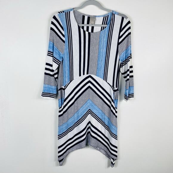 Chico's Size Small 4 0 Striped Knit Tunic Top Blue 3/4 Sleeve Stretch - Picture 1 of 4